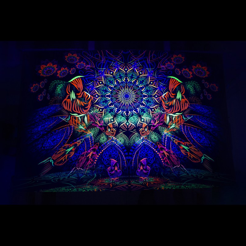 Blacklight active hippie painting «Cosmic monks gathering»