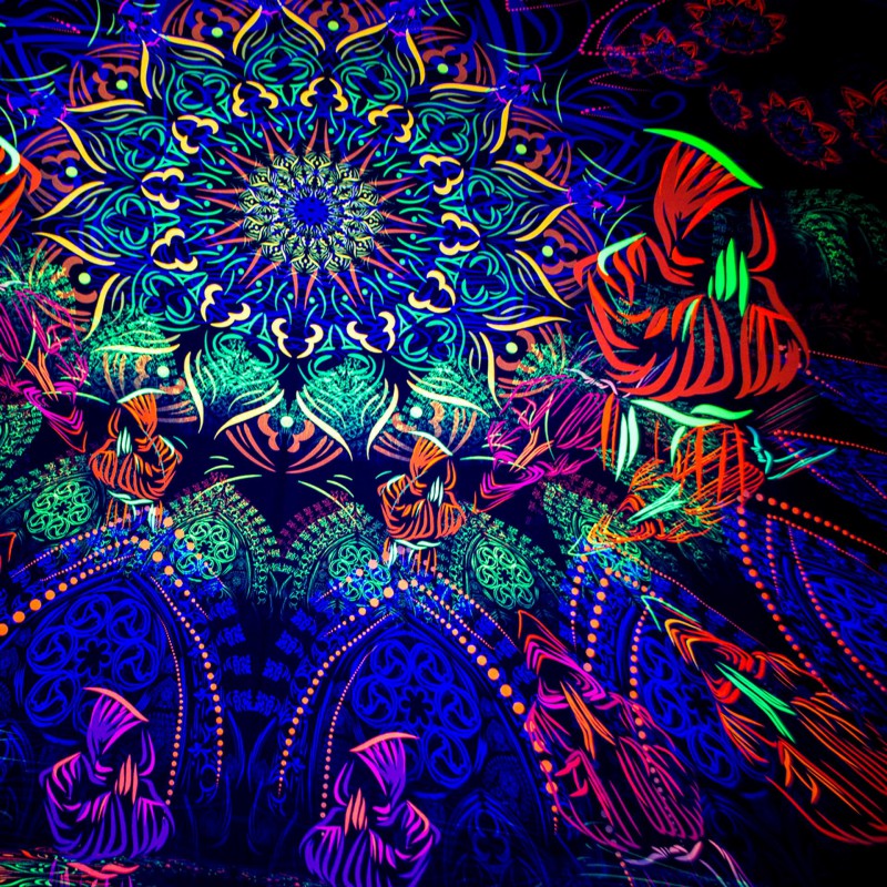 Blacklight active hippie painting «Cosmic monks gathering»