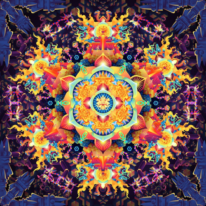 UV-blacklight psytrance tapestry "Aztec Mushroom Mandala"