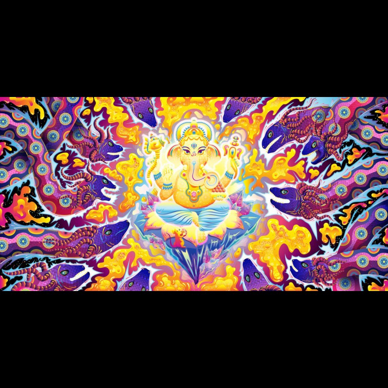 Meditation blacklight UV-tapestry "Lord Ganesh and Electric Eels"
