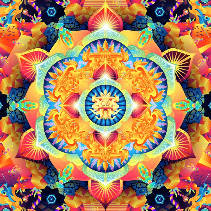 UV-blacklight psytrance tapestry "Aztec Mushroom Mandala"