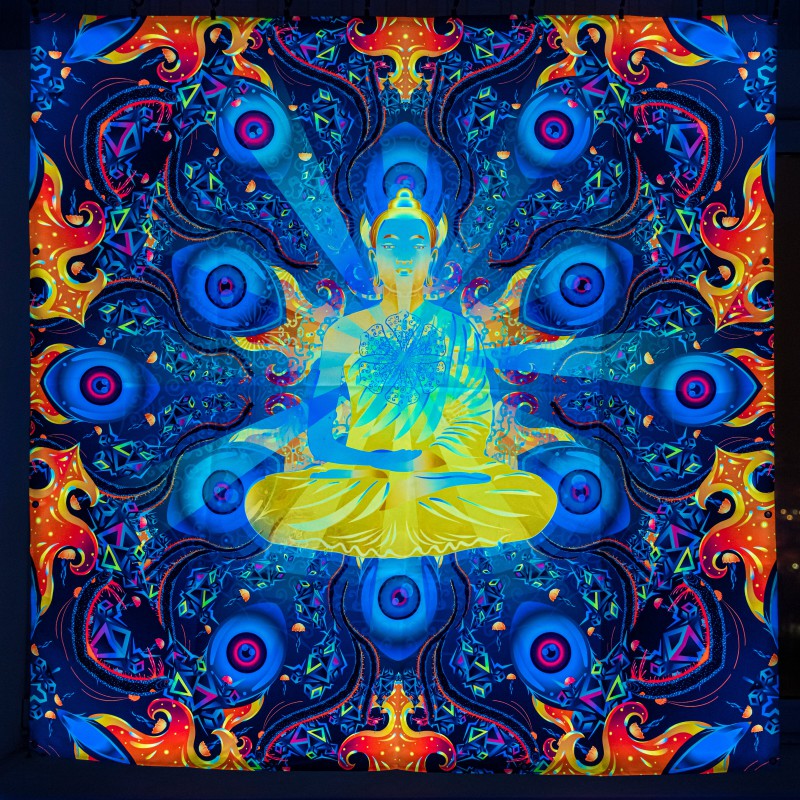 UV BACKDROP "Flower of Space Energy" Psychedelic Tapestry Fractal Mandala banner 