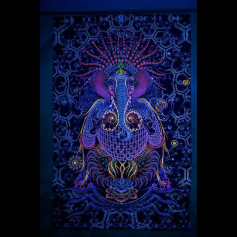 Psychedelic fluorescent boho tapestry  "Ganesha"