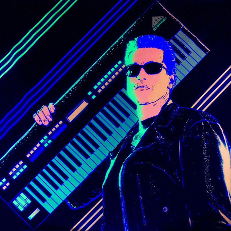 Darksynth retrowave neon fluorescent backdrop Judgment Day.